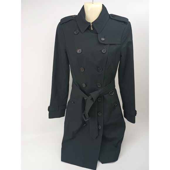 Burberry Women's Black Cotton Sandrigham Long Trench Coat Size 4 US